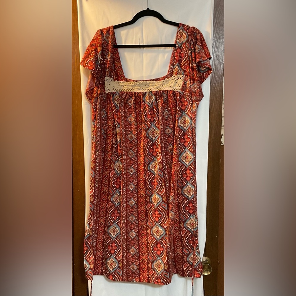 Plus size summer ivy, orange, teal tie string dress.